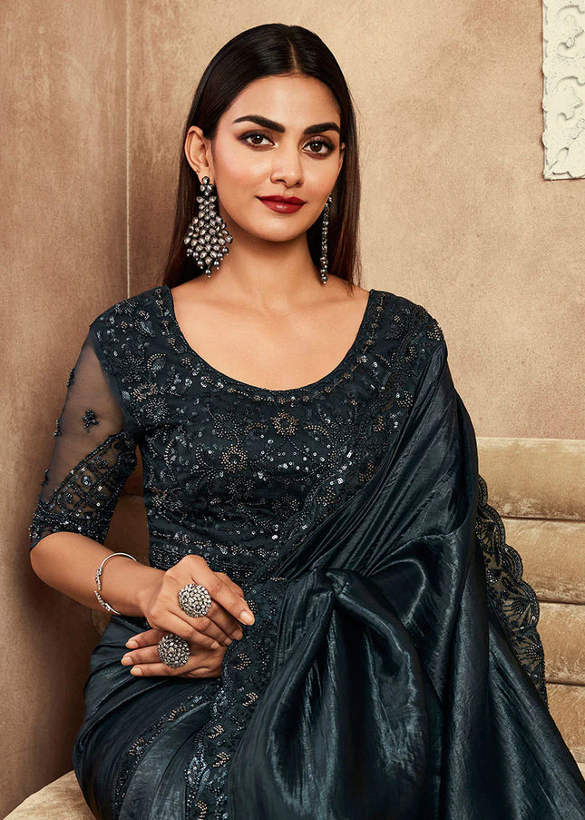 Teal Embroidered Saree