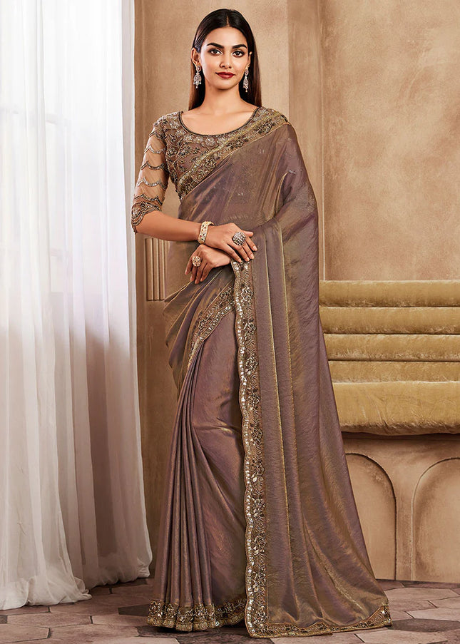 Brown Embroidered Saree
