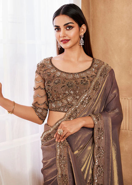 Brown Embroidered Saree