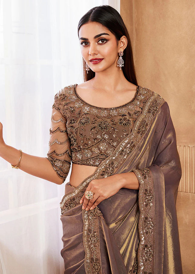 Brown Embroidered Saree