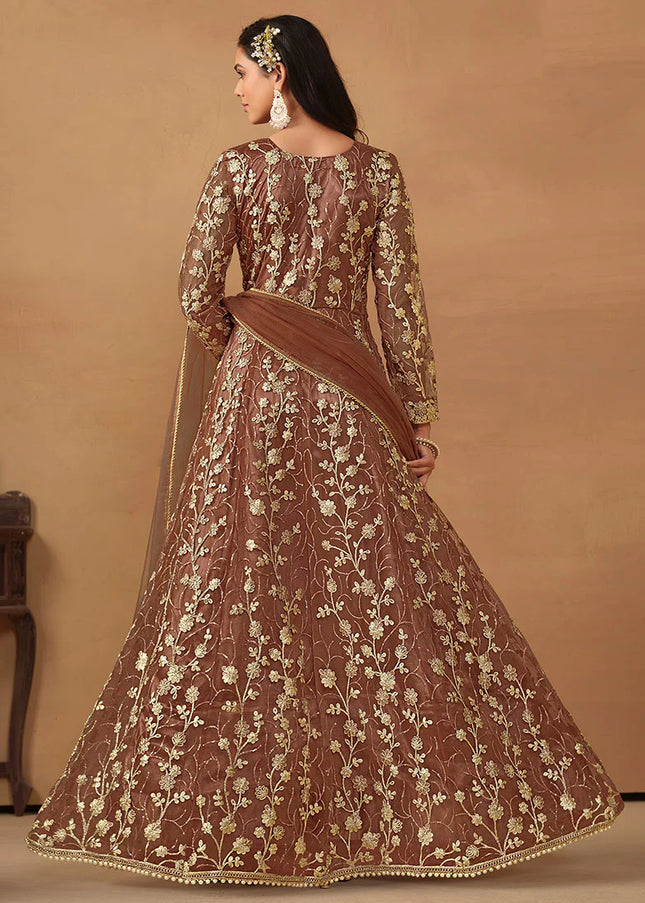 Brown Embroidered Pant Style Anarkali
