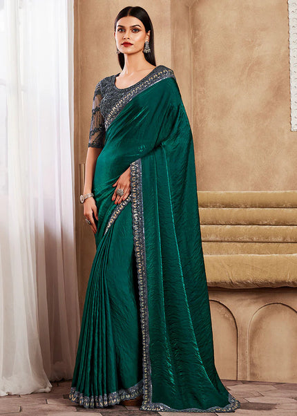 Dark Green Embroidered Saree