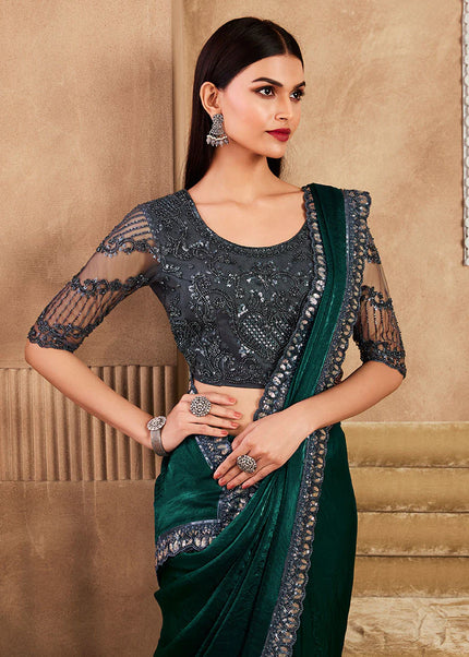 Dark Green Embroidered Saree