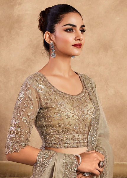 Beige Embroidered Saree