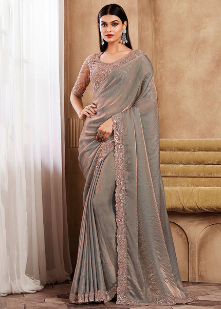 Pink and Grey Embroidered Saree