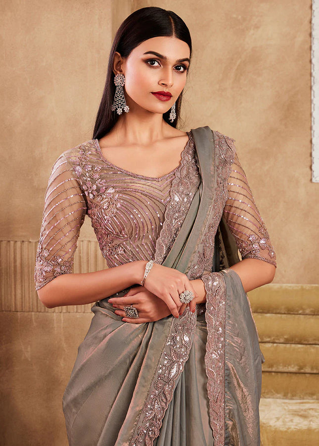 Pink and Grey Embroidered Saree