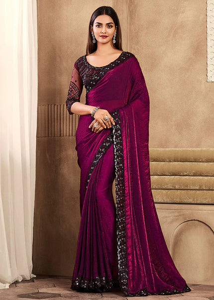 Black and Magenta aavse Embroidered Saree