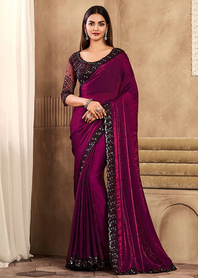 Black and Magenta aavse Embroidered Saree