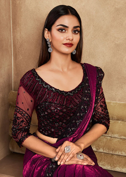 Black and Magenta aavse Embroidered Saree