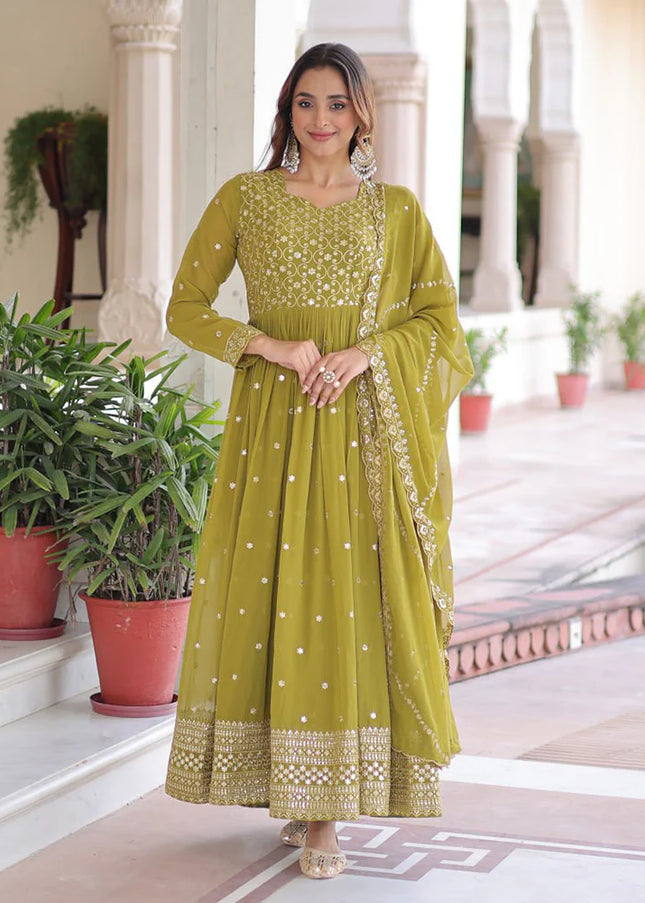 Golden Embroidered Anarkali Gown