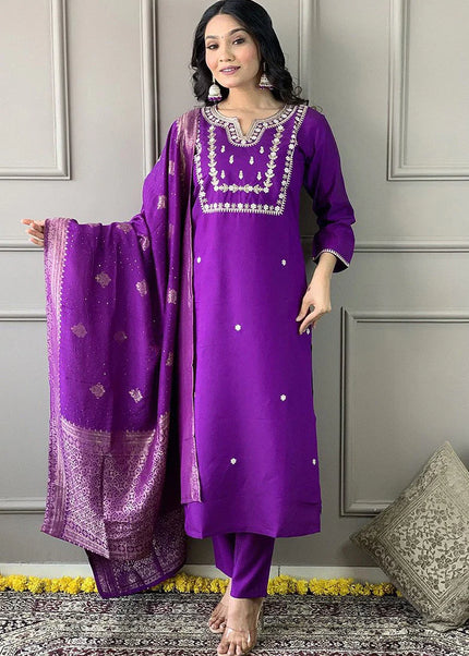 Purple Embroidered Pant Style Suit