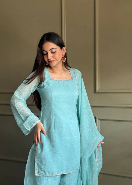 Sky Blue Embroidered Pant Style Suit