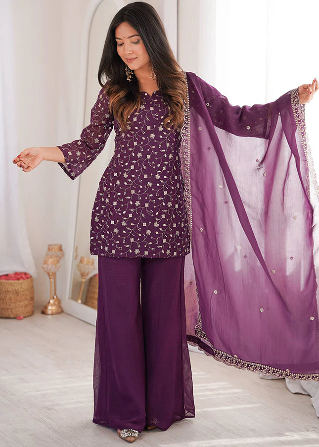 Mauve Embroidered Palazzo Suit
