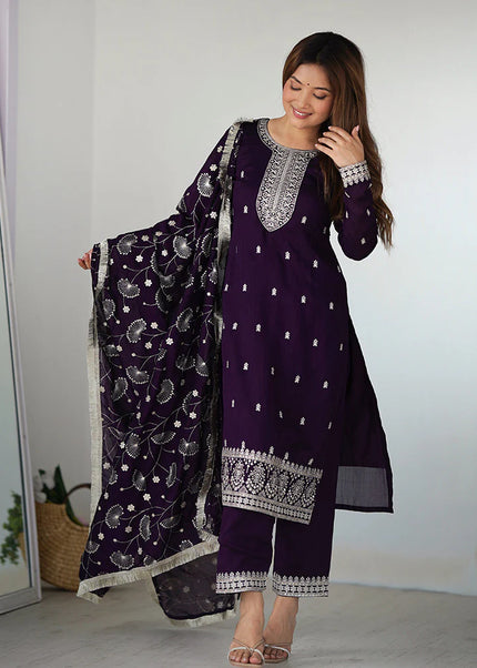 Purple Embroidered Pant Style Suit