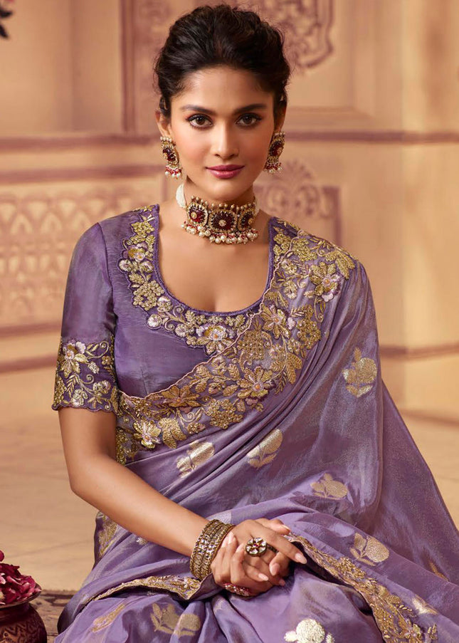 Lavender and Gold Embroidered Wedding Saree