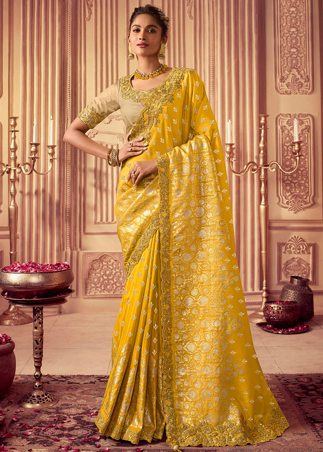 Yellow and Gold Embroidered Wedding Saree
