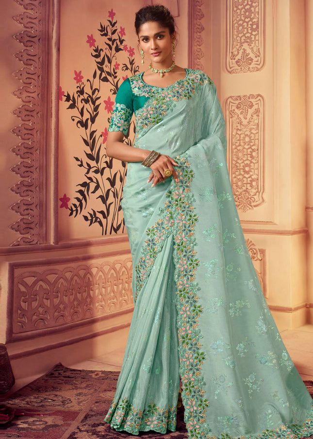 Sea Green and Gold Embroidered Wedding Saree