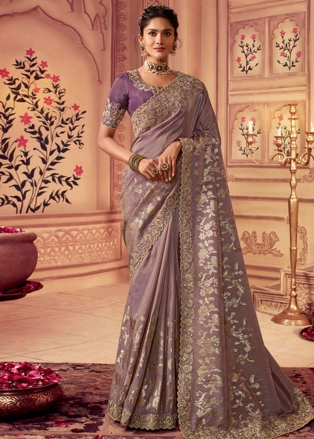 Purple and Gold Embroidered Wedding Saree