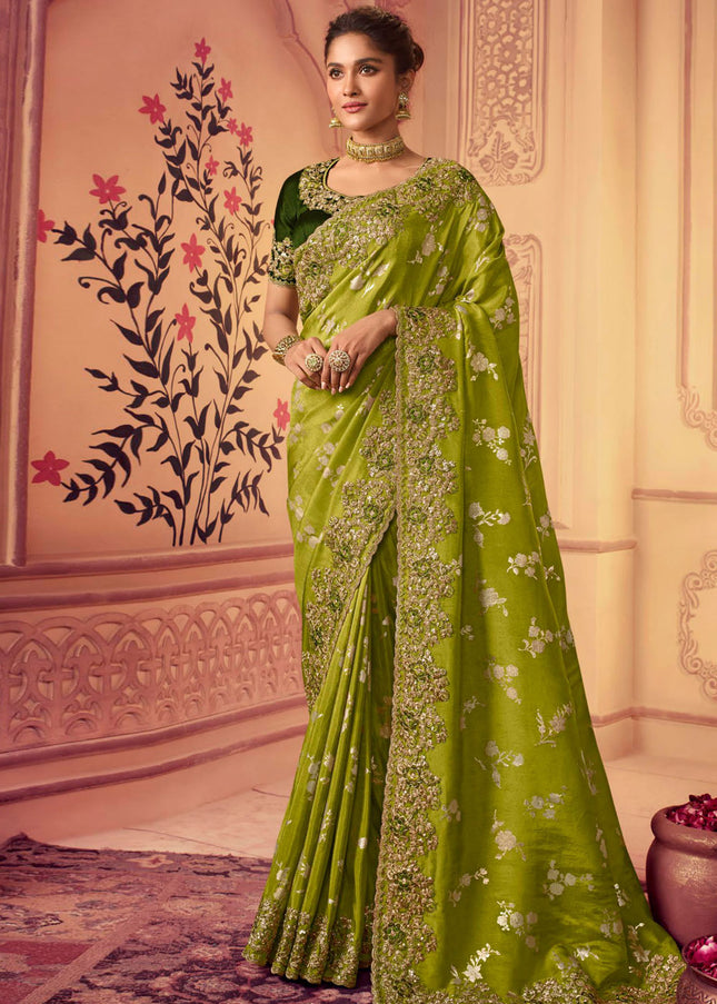 Green and Gold Embroidered Wedding Saree