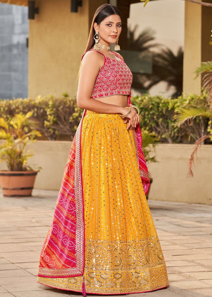 Yellow and Pink Embroidered Lehenga Choli