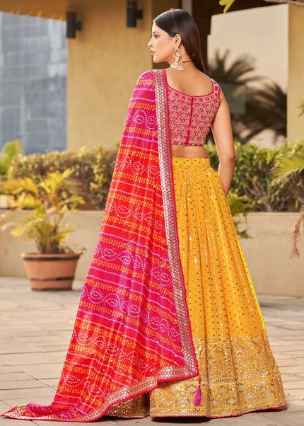 Yellow and Pink Embroidered Lehenga Choli