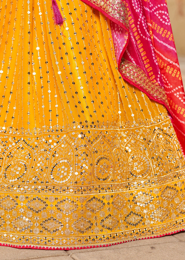 Yellow and Pink Embroidered Lehenga Choli