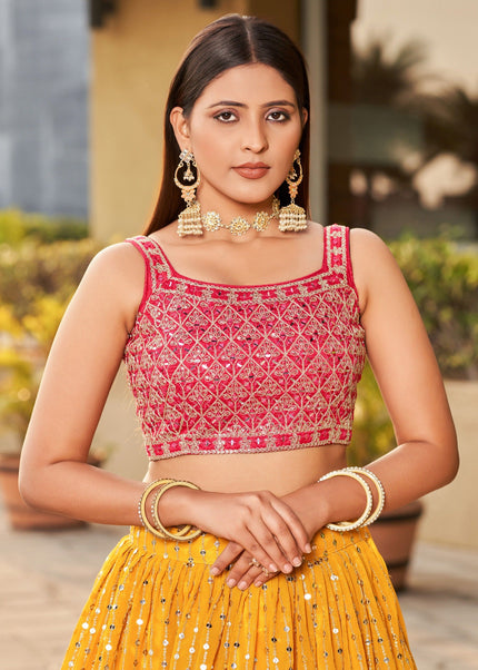 Yellow and Pink Embroidered Lehenga Choli