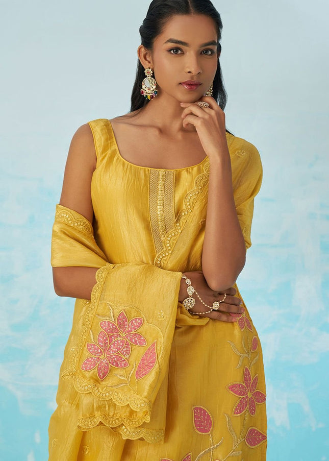 Yellow Embroidered Pant Suit