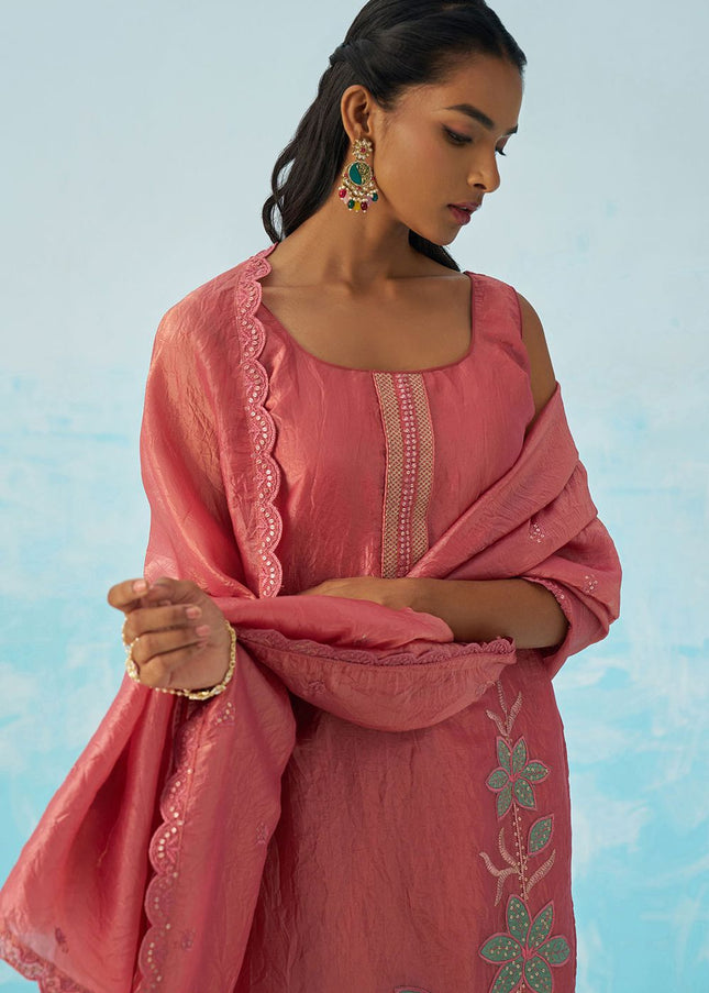 Pink Embroidered Pant Suit