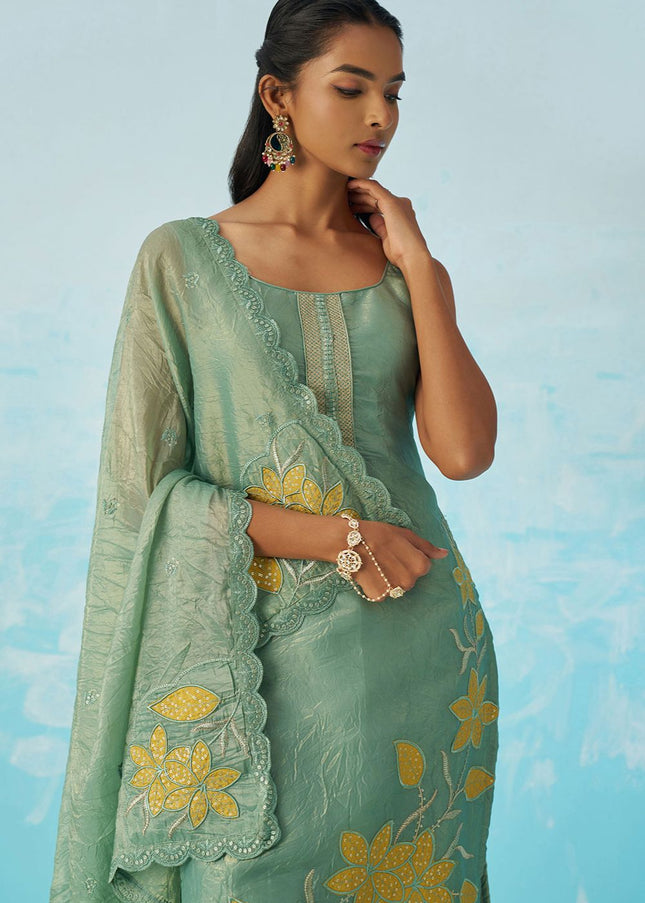 Sea Green Embroidered Pant Suit