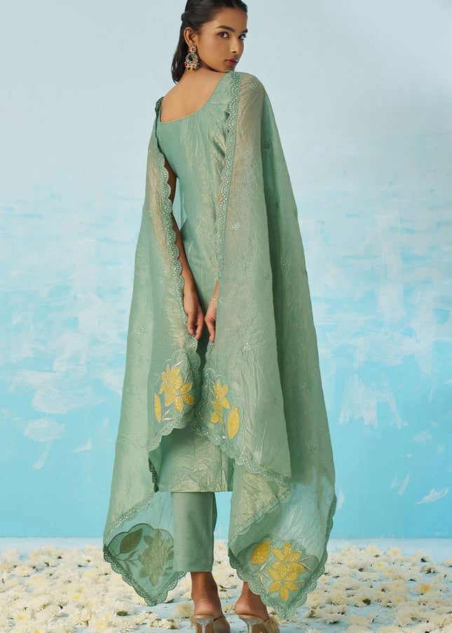 Sea Green Embroidered Pant Suit