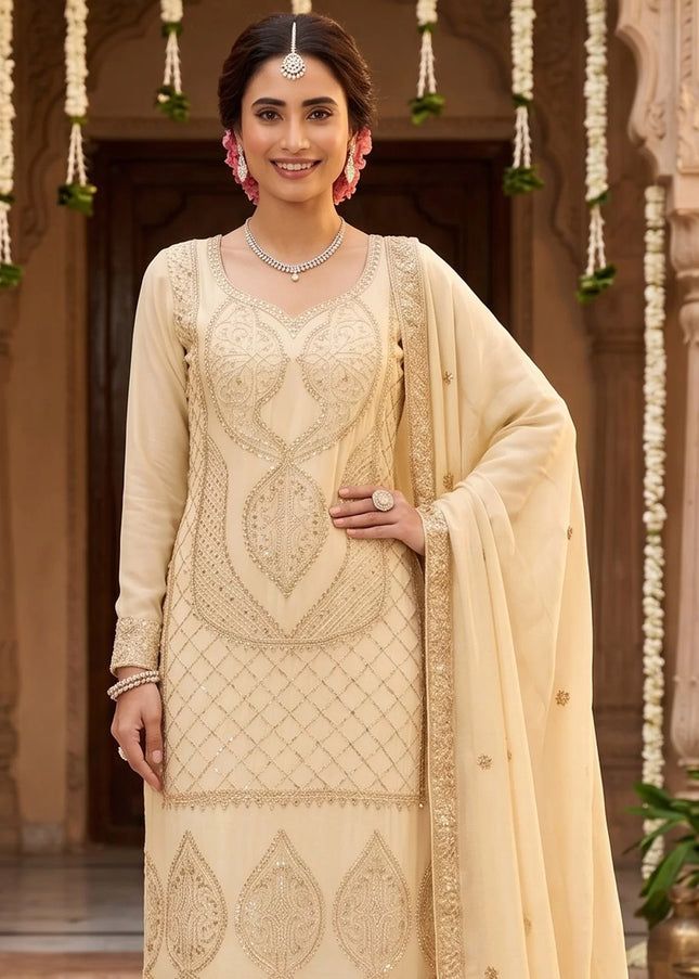 Cream Embroidered Pant Style Suit