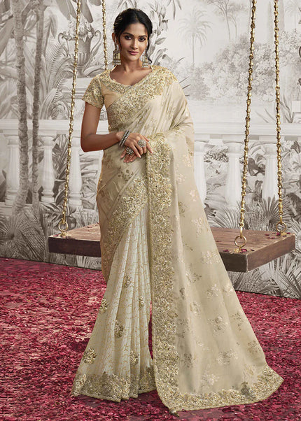 Cream Embroidered Wedding Saree