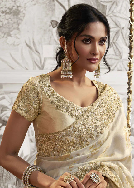 Cream Embroidered Wedding Saree