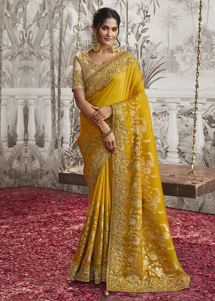 Beige and Yellow Embroidered Wedding Saree