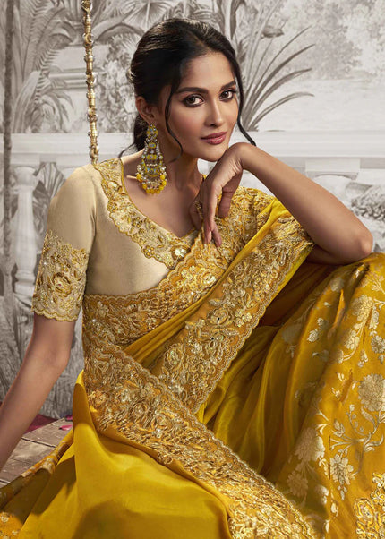 Beige and Yellow Embroidered Wedding Saree