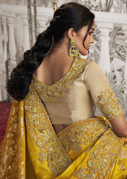 Beige and Yellow Embroidered Wedding Saree