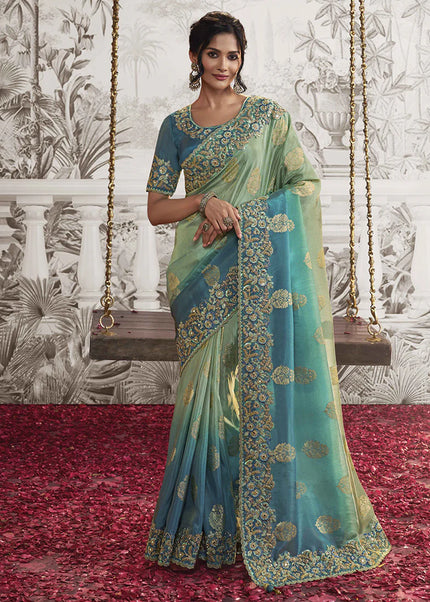 Blue and Sea Green Embroidered Wedding Saree