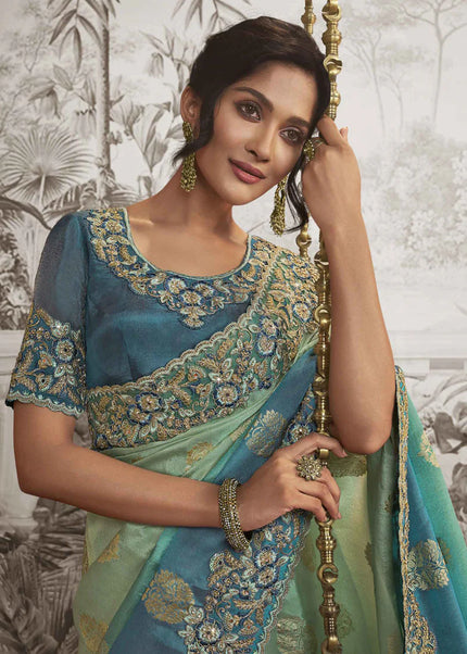 Blue and Sea Green Embroidered Wedding Saree