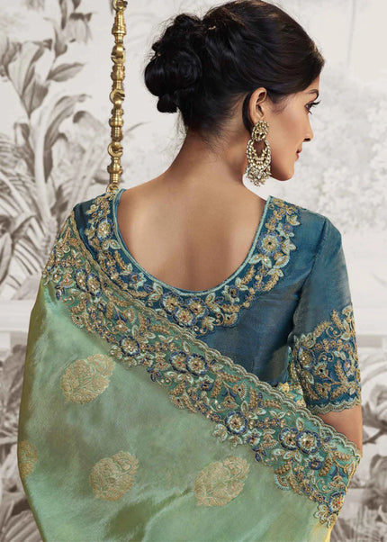 Blue and Sea Green Embroidered Wedding Saree