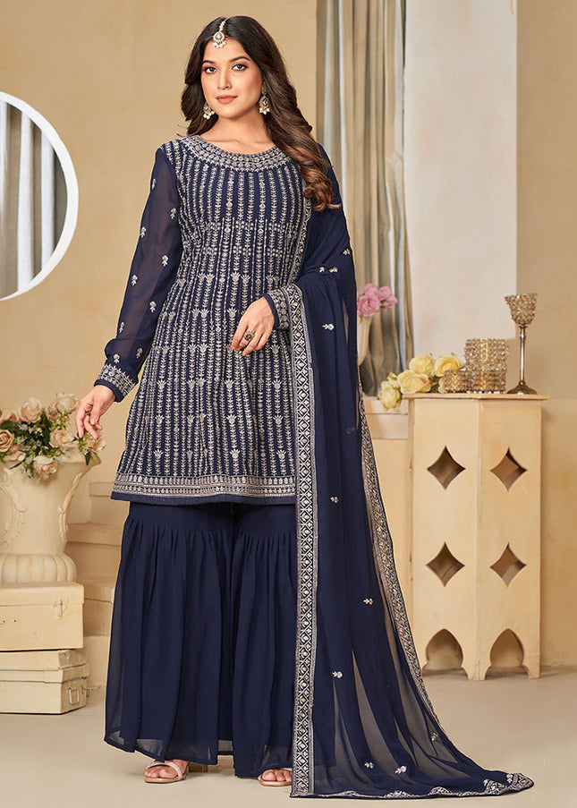 Blue Embroidered Gharara Suit