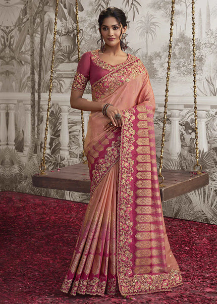 Pink and Peach Embroidered Wedding Saree