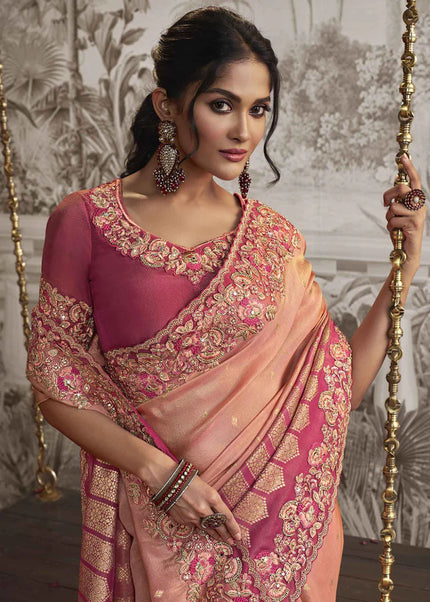 Pink and Peach Embroidered Wedding Saree