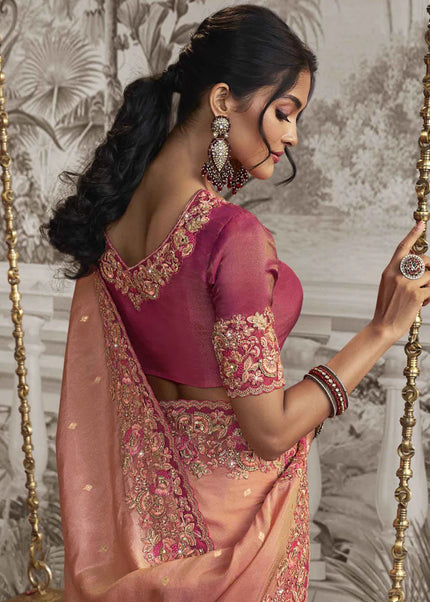 Pink and Peach Embroidered Wedding Saree