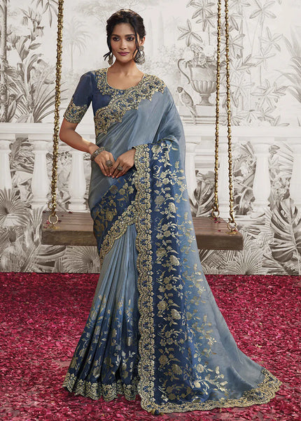 Blue Embroidered Wedding Saree