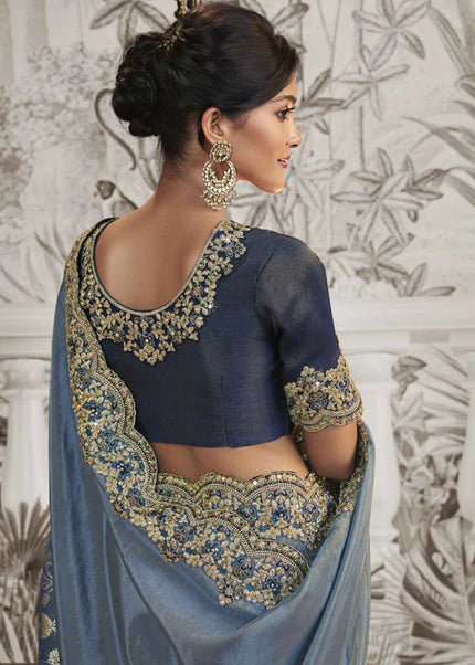 Blue Embroidered Wedding Saree