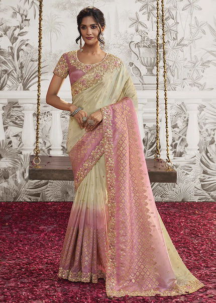 Pink and Cream Embroidered Wedding Saree