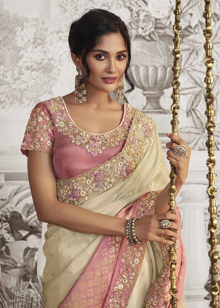 Pink and Cream Embroidered Wedding Saree