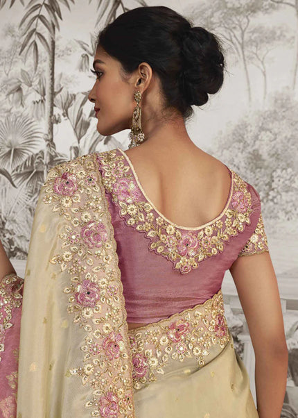 Pink and Cream Embroidered Wedding Saree