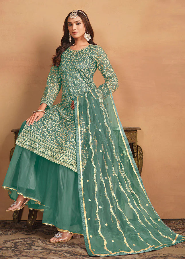 Green Embroidered Gharara Suit
